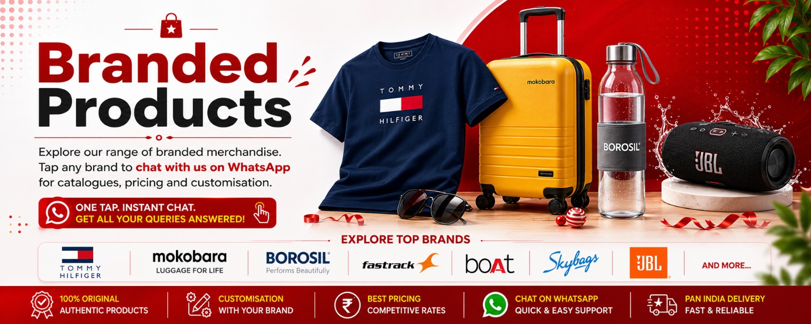 Branded Products — Explore our range of branded merchandise. Tap any brand to chat with us on WhatsApp.